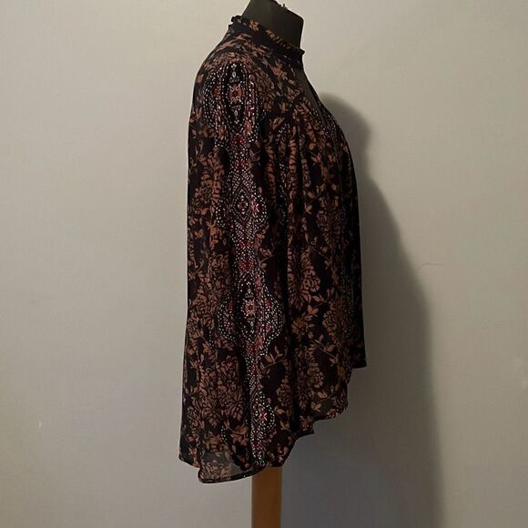 Knox Rose Women's Multicolor Damask Pattern Keyhole Long Sleeve Blouse Medium - Picture 6 of 9